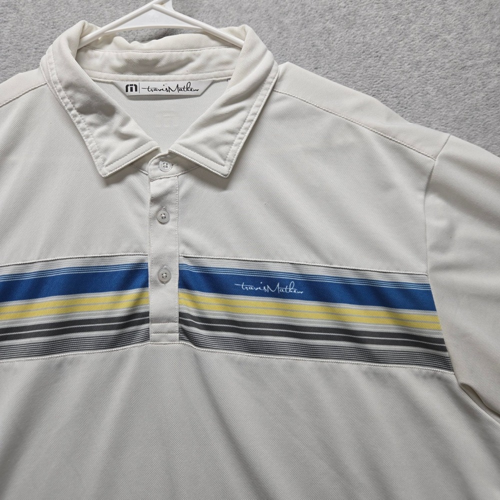 Travis Mathew Mens XL Polo Shirt White Striped Las Vegas National Golf Club Logo
